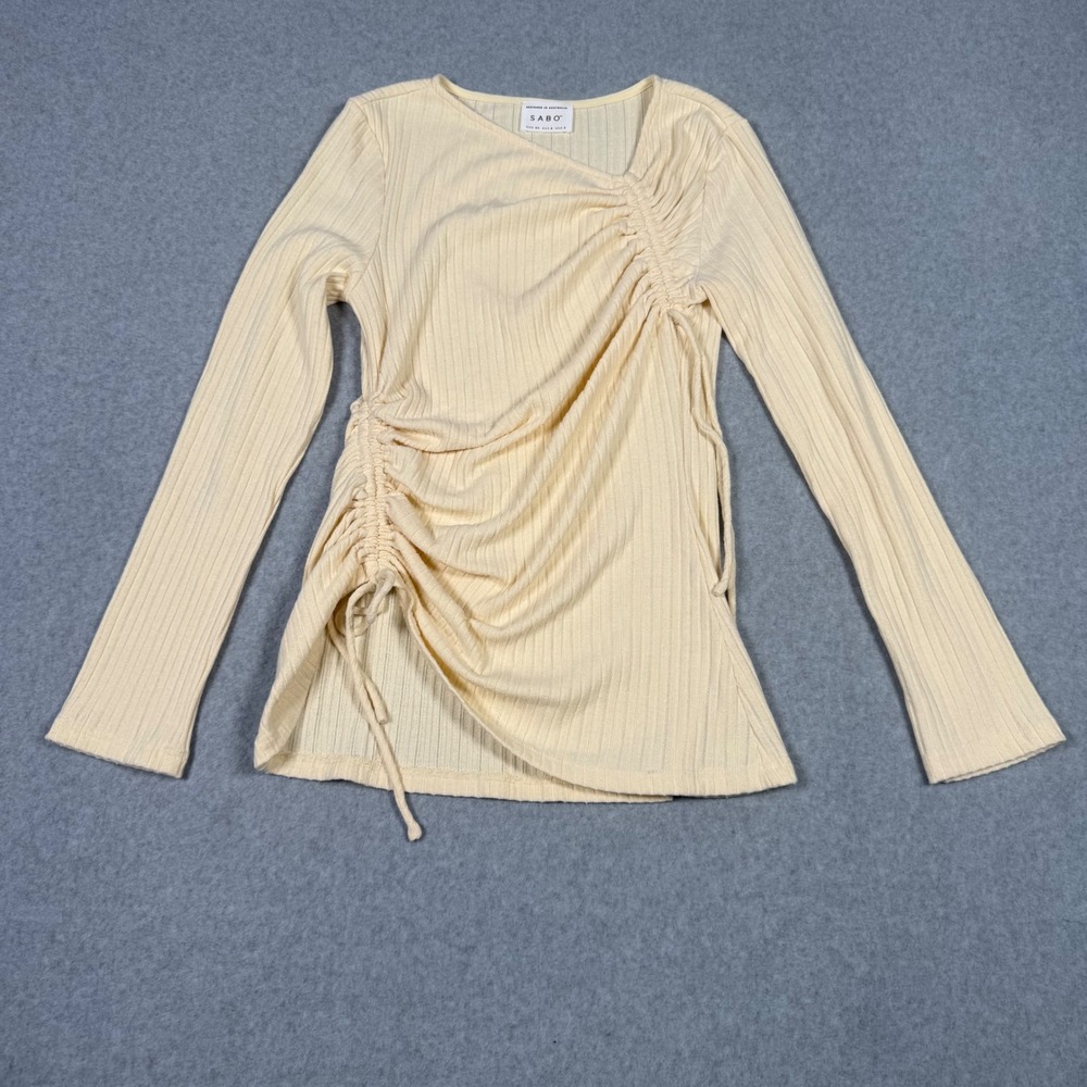 Sabo Skirt Australia XS Cream Ribbed Ruched Long Sleeve Top Asymmetrical